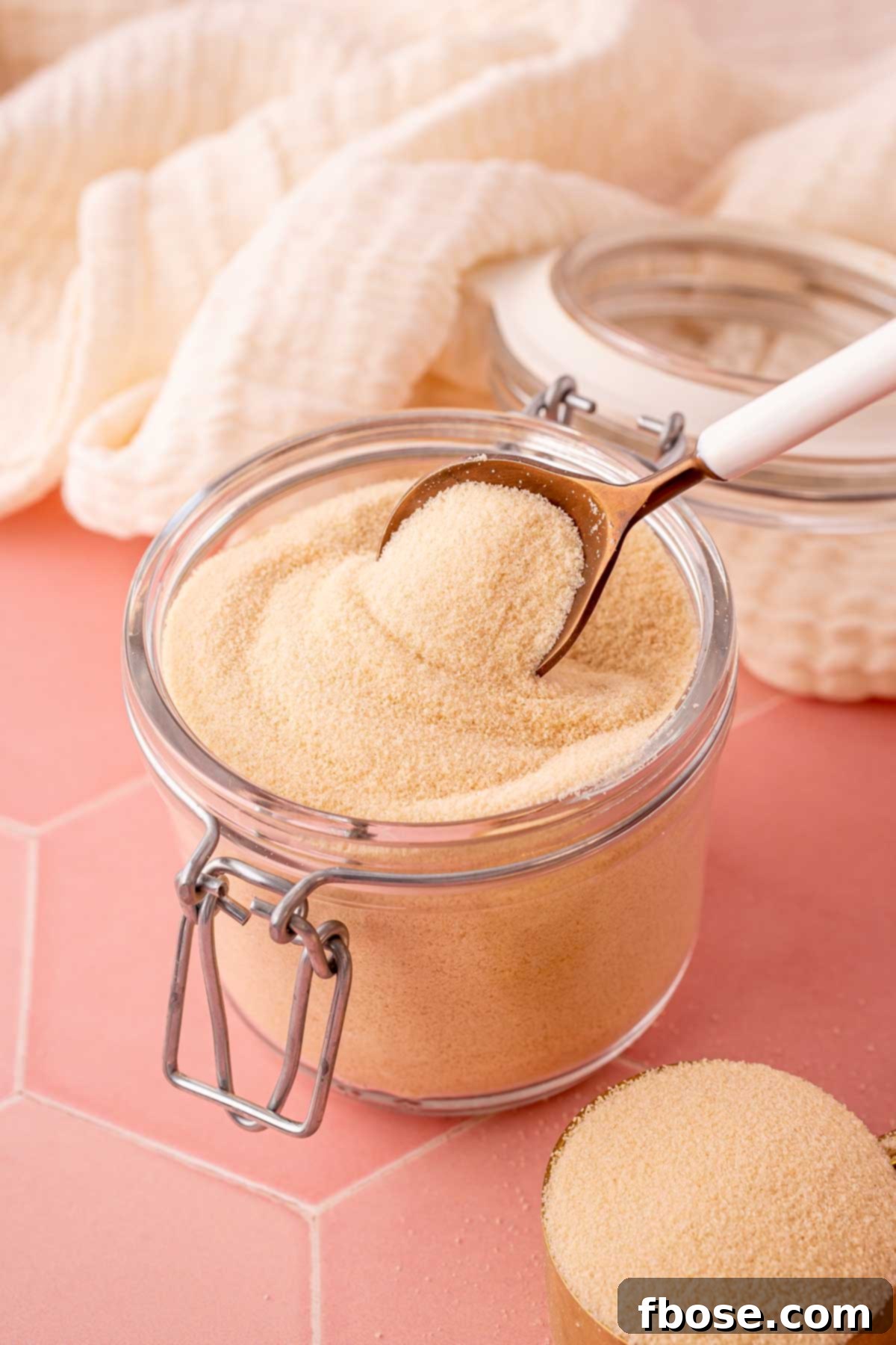 The Secret to Toasted Sugar 2 A spoon scooping perfectly toasted sugar out of a clear glass canister, showcasing its beautiful golden-brown color.