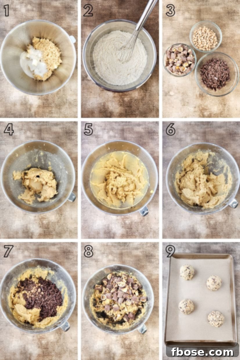 Ultimate Comfort Cookies 6 A step-by-step photo collage illustrating the process of making Chubby Hubby Cookies, from mixing ingredients to shaping dough balls.
