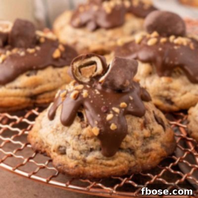 Close up of a homemade Chubby Hubby Cookie resting on a copper wire cooling rack.