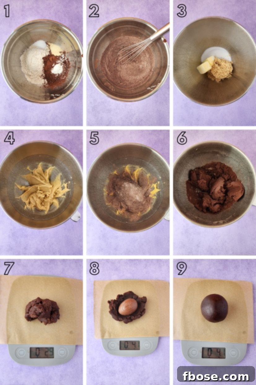 Ultimate Cadbury Creme Egg Cookies 5 Step by step photo collage showing how to make chocolate cookies stuffed with cadbury creme eggs.