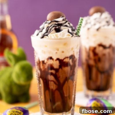 A Cadbury Creme Egg flavored dirty soda on a white coaster on a yellow table.