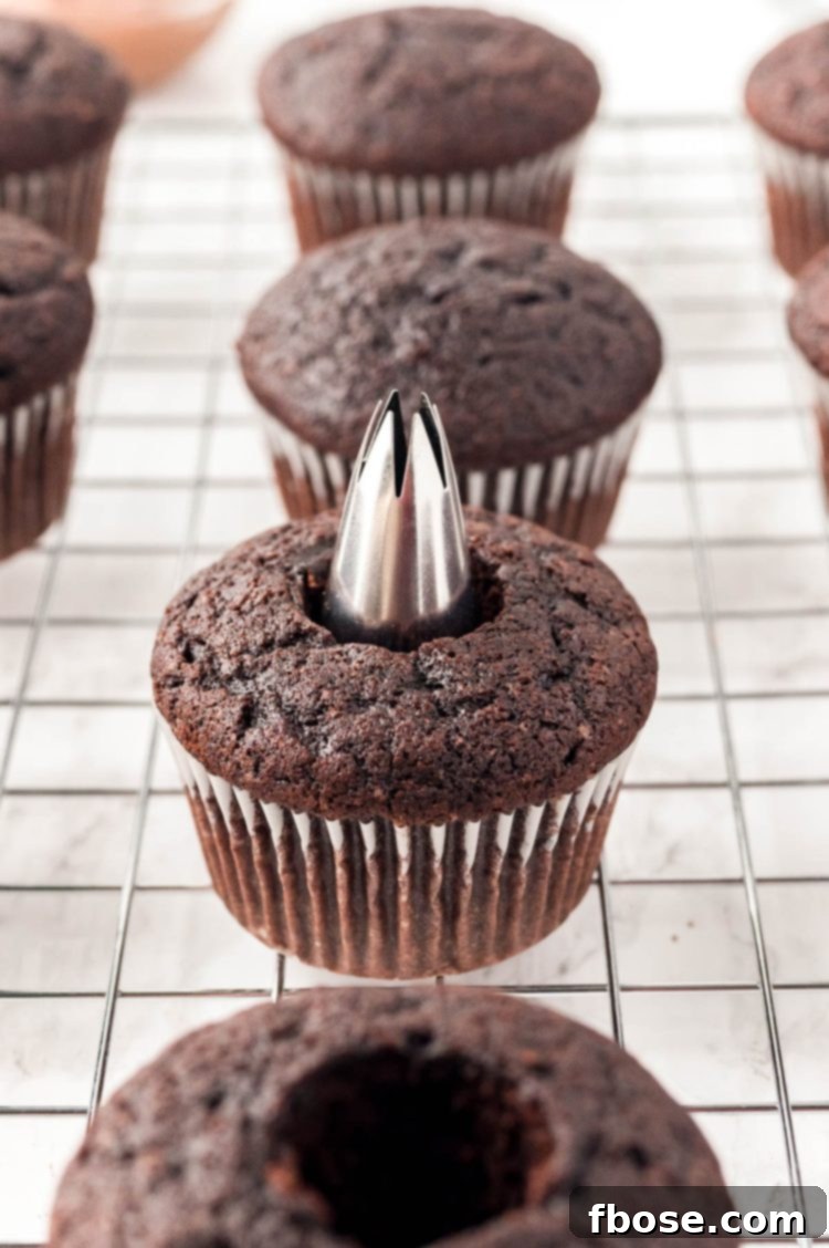 Decadent Nutella Cupcakes 5 A piping tip carefully coring the center out of a baked chocolate cupcake.