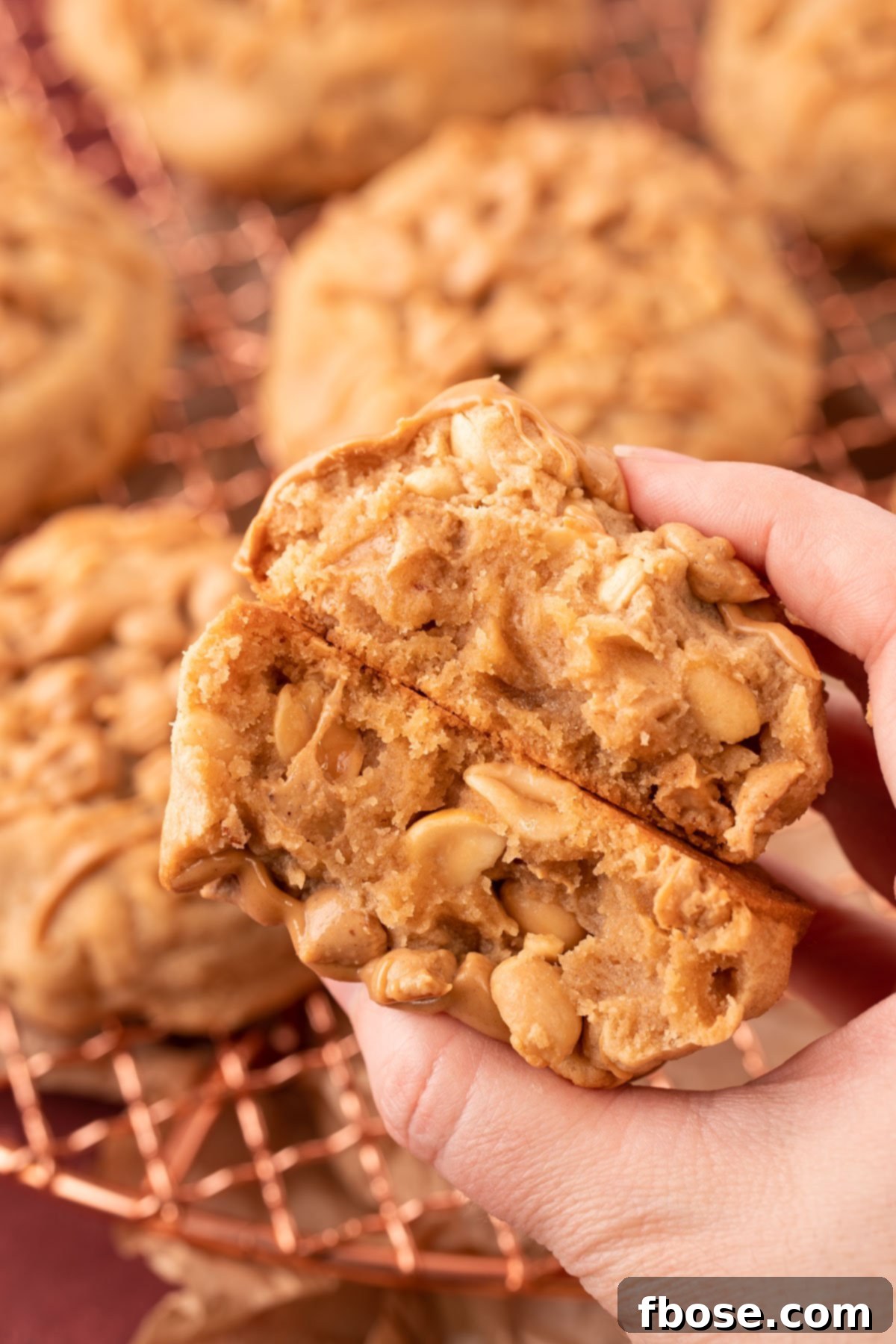 Gourmet Peanut Butter Delights 3 A woman's hand holding two halves of a triple peanut butter cookie to reveal the inside.