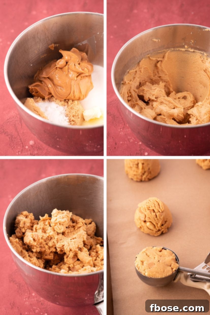 Gourmet Peanut Butter Delights 5 Step by step photo collage showing how to make triple peanut butter cookies.