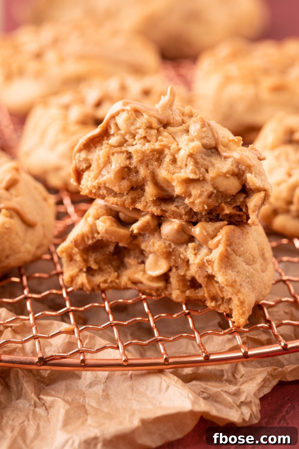 Gourmet Peanut Butter Delights 8 A thick triple peanut butter cookies that's been broken in half and the halves are stacked on top of each other.
