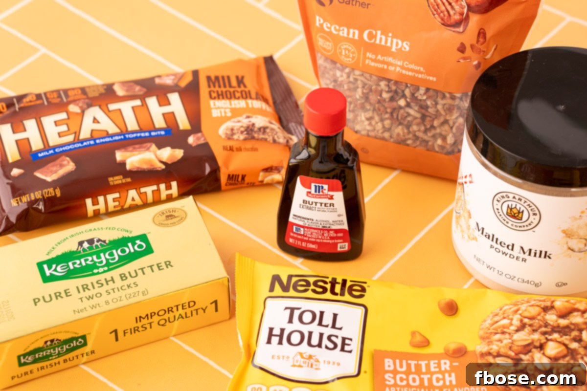 A flat lay photograph showcasing key ingredients for butter pecan cookies, including flour, pecans, butterscotch chips, and butter, arranged on a vibrant yellow surface.