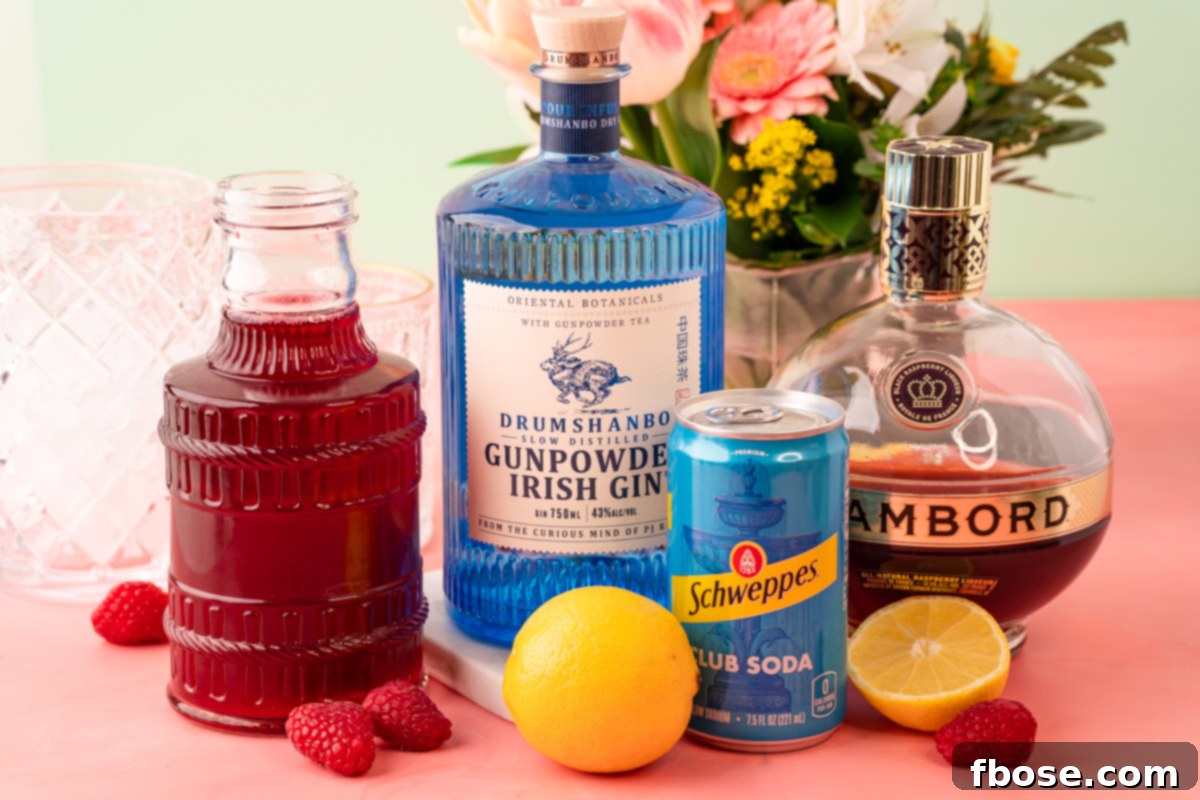 A curated display of ingredients for making a Raspberry Gin Daisy cocktail, neatly arranged on a vibrant pink table. The bottles of gin and Chambord, fresh lemons, raspberries, and a jar of raspberry simple syrup are all ready for mixing.
