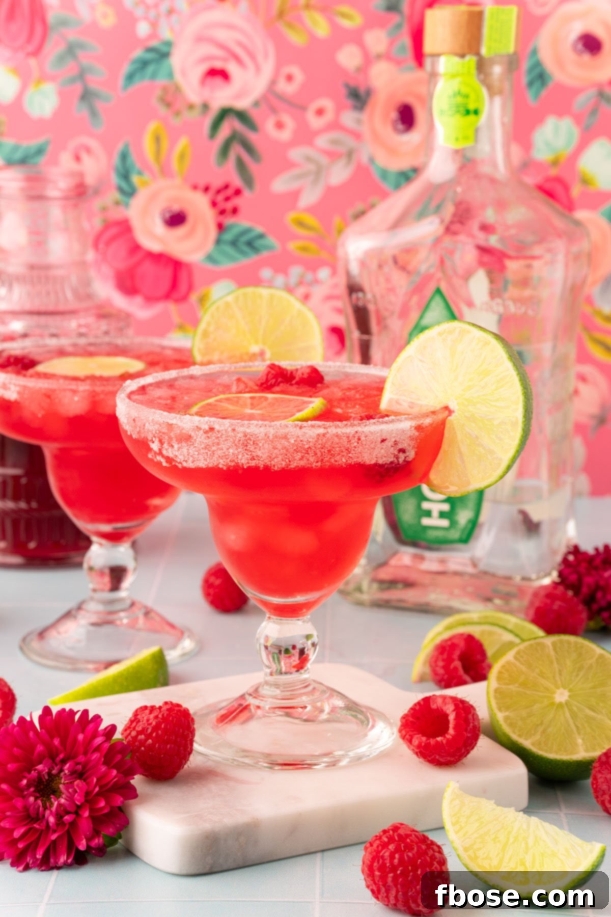 Two margarita glasses filled with raspberry margaritas on a blue table.