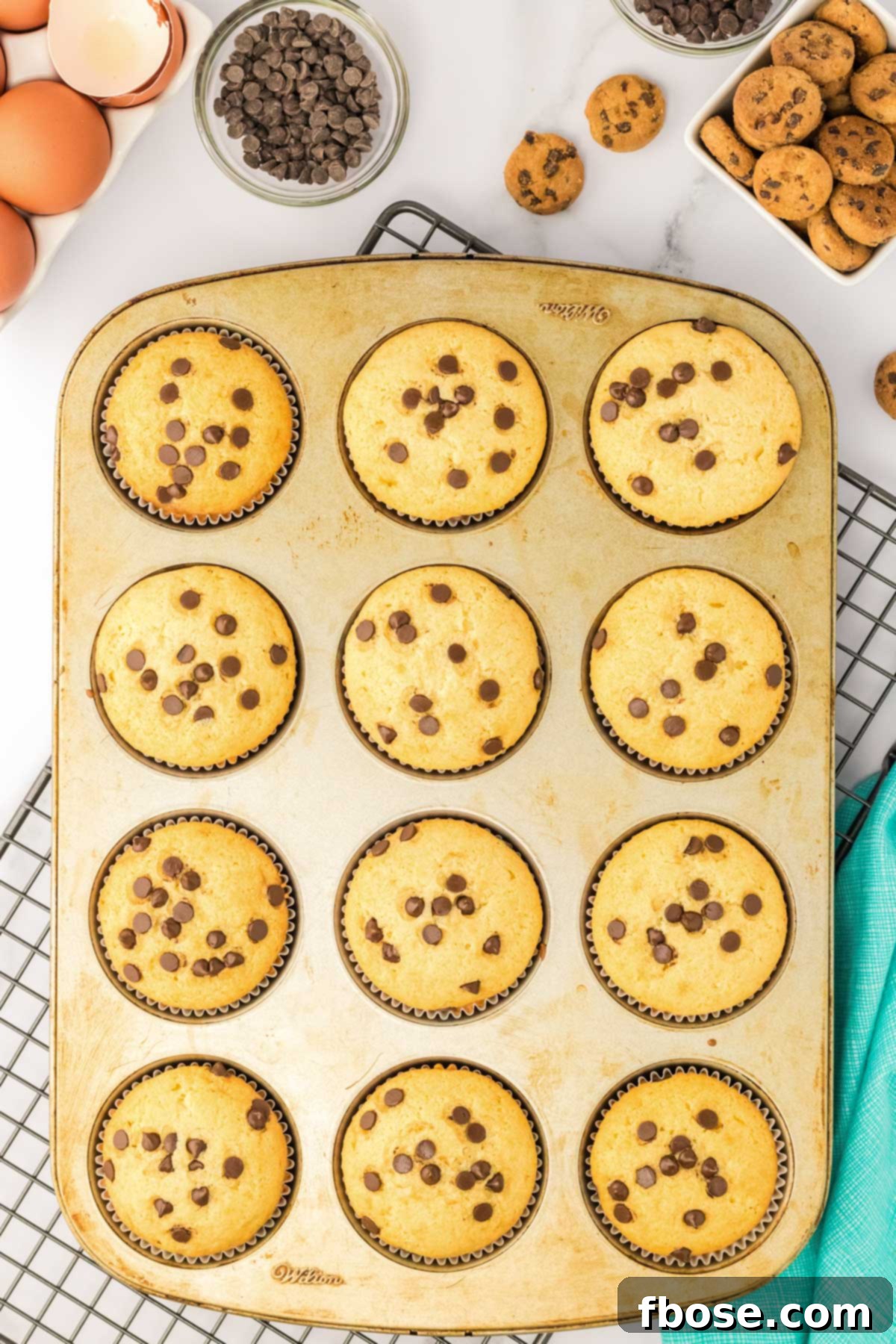 Chocolate chip cupcakes in a cupcake pan.