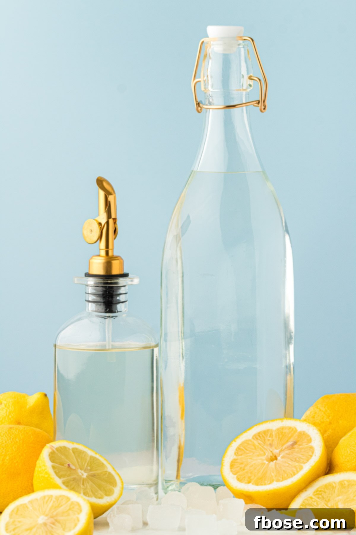Fresh lemons, a pitcher of simple syrup, and a glass of cold water are arranged on a table, ready to be combined into lemonade.