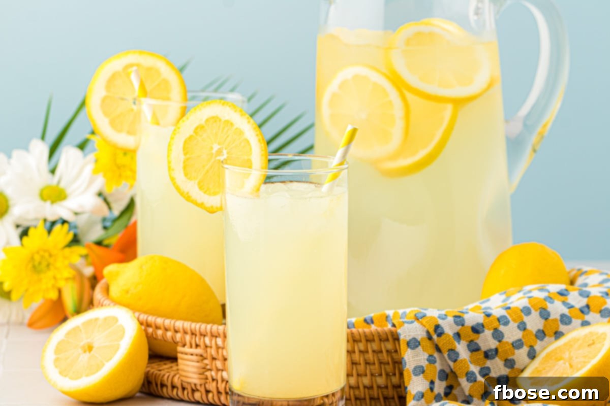 Two glasses of roasted lemonade with lemon slices and ice sit next to a full pitcher on a rustic wooden surface.