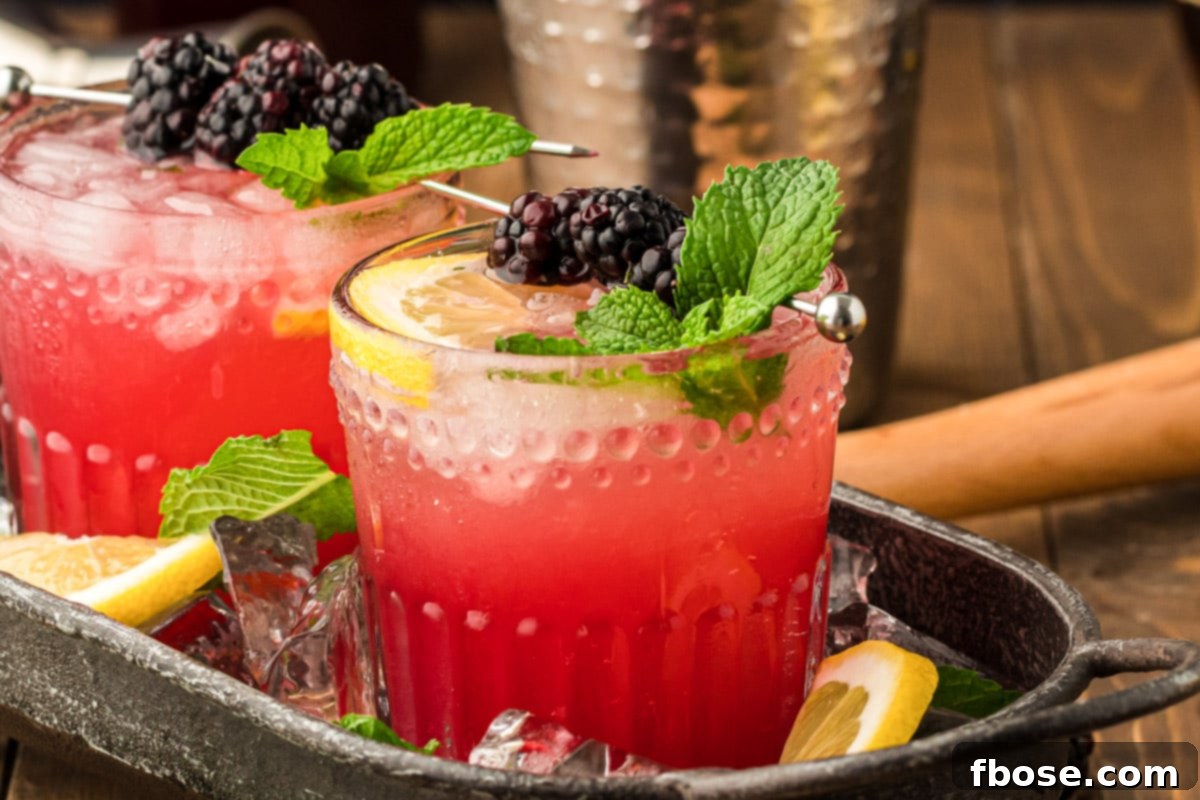Blackberry Bourbon Smash in a black cocktail tray with a small dish of fresh blackberries.