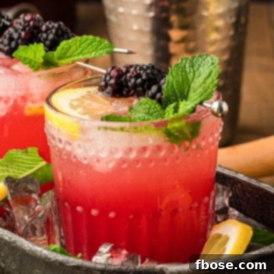 Blackberry Bourbon Smash in a black cocktail tray.