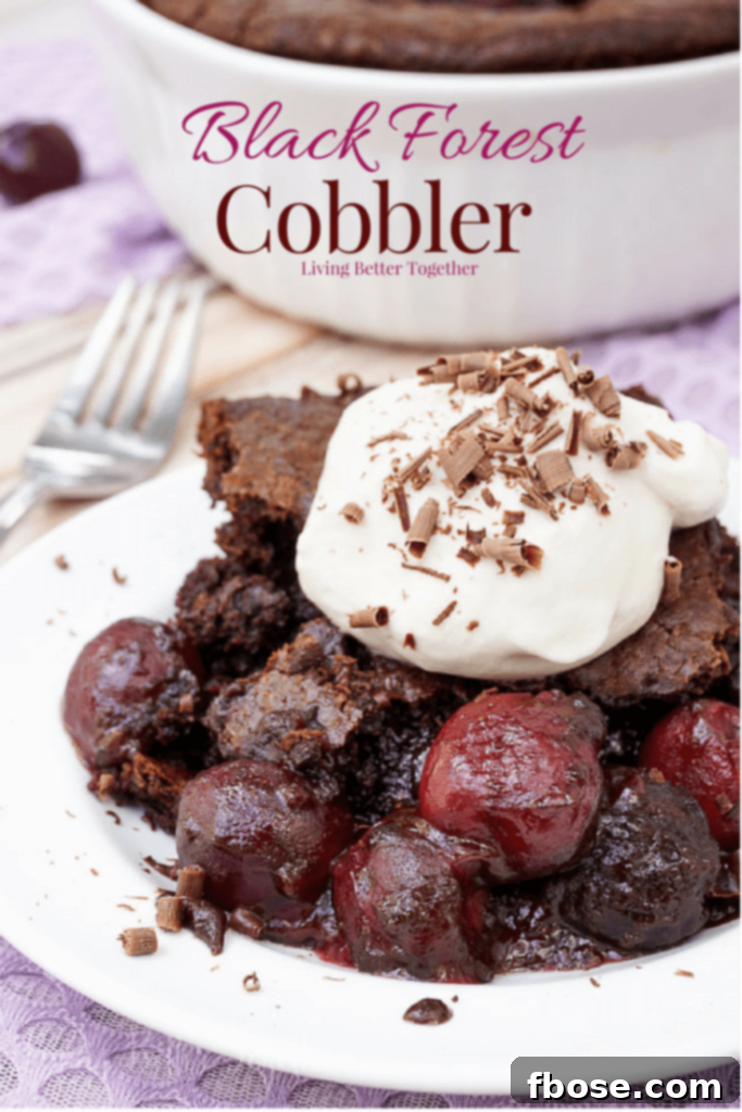 Midnight Cherry Bake 2 A beautifully presented Black Forest Cobbler, showcasing a rich chocolate crust, a vibrant cherry filling, and a generous dollop of homemade whipped cream, ready to be served.