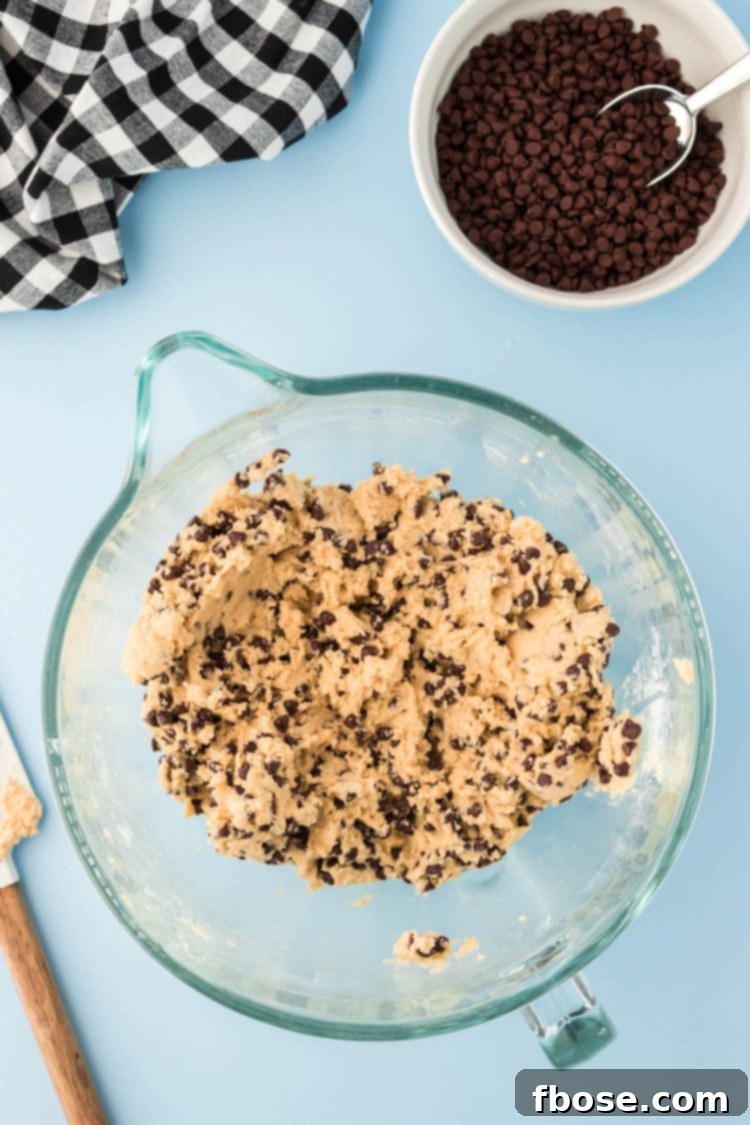 Chocolate chips being folded into cookie dough.