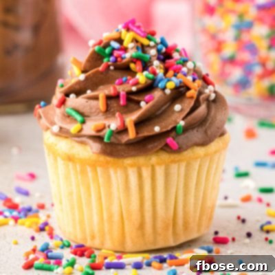 Yellow cupcakes with chocolate frosting and rainbow sprinkles.