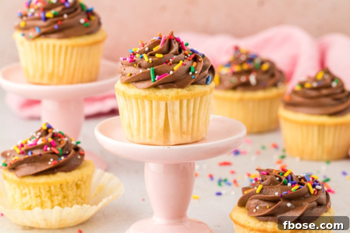Two yellow cupcakes with chocolate frosting, one adorned with sprinkles, showcasing a rich, inviting texture.
