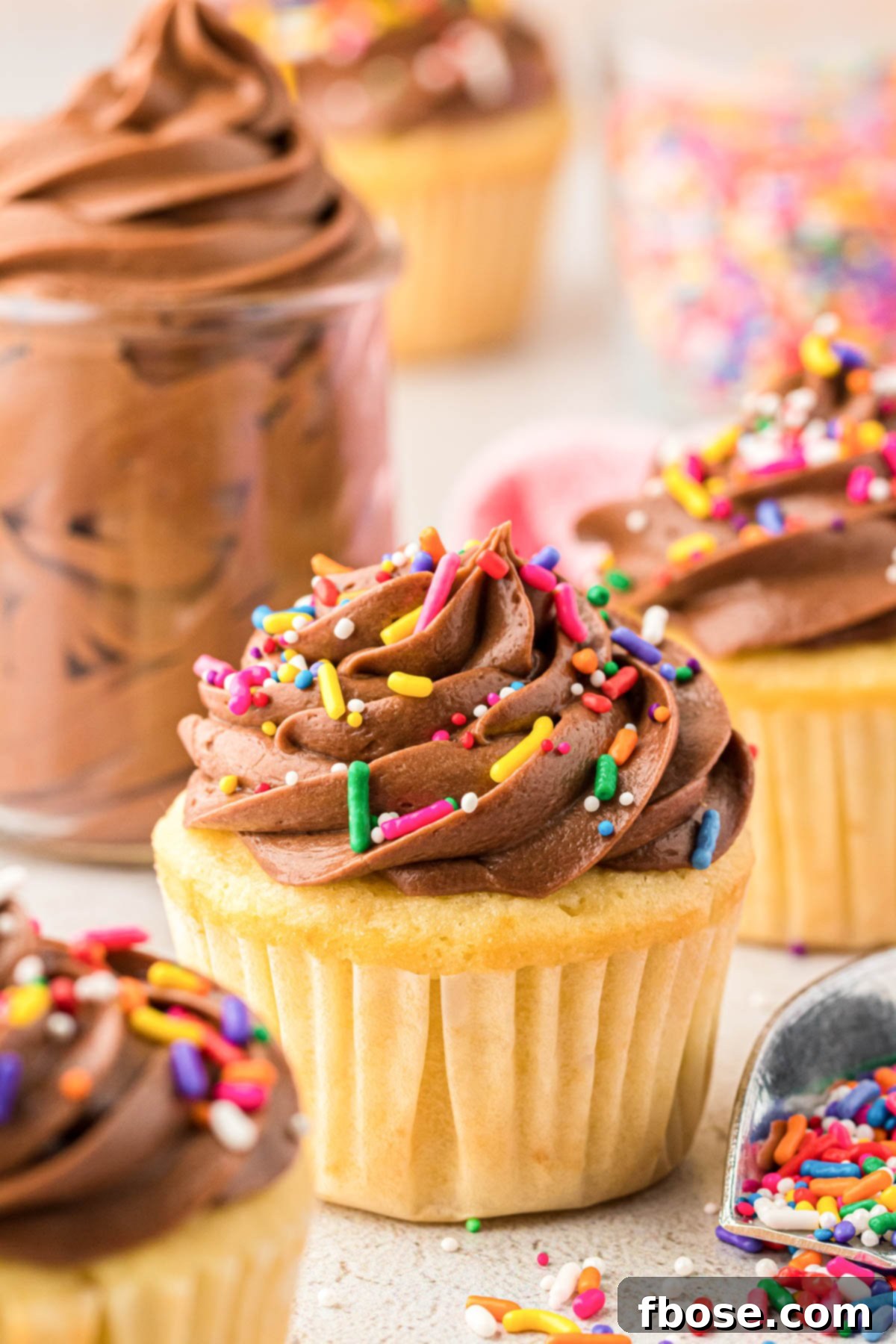 Two yellow cupcakes topped with chocolate cream cheese frosting and vibrant rainbow sprinkles, ready to serve.