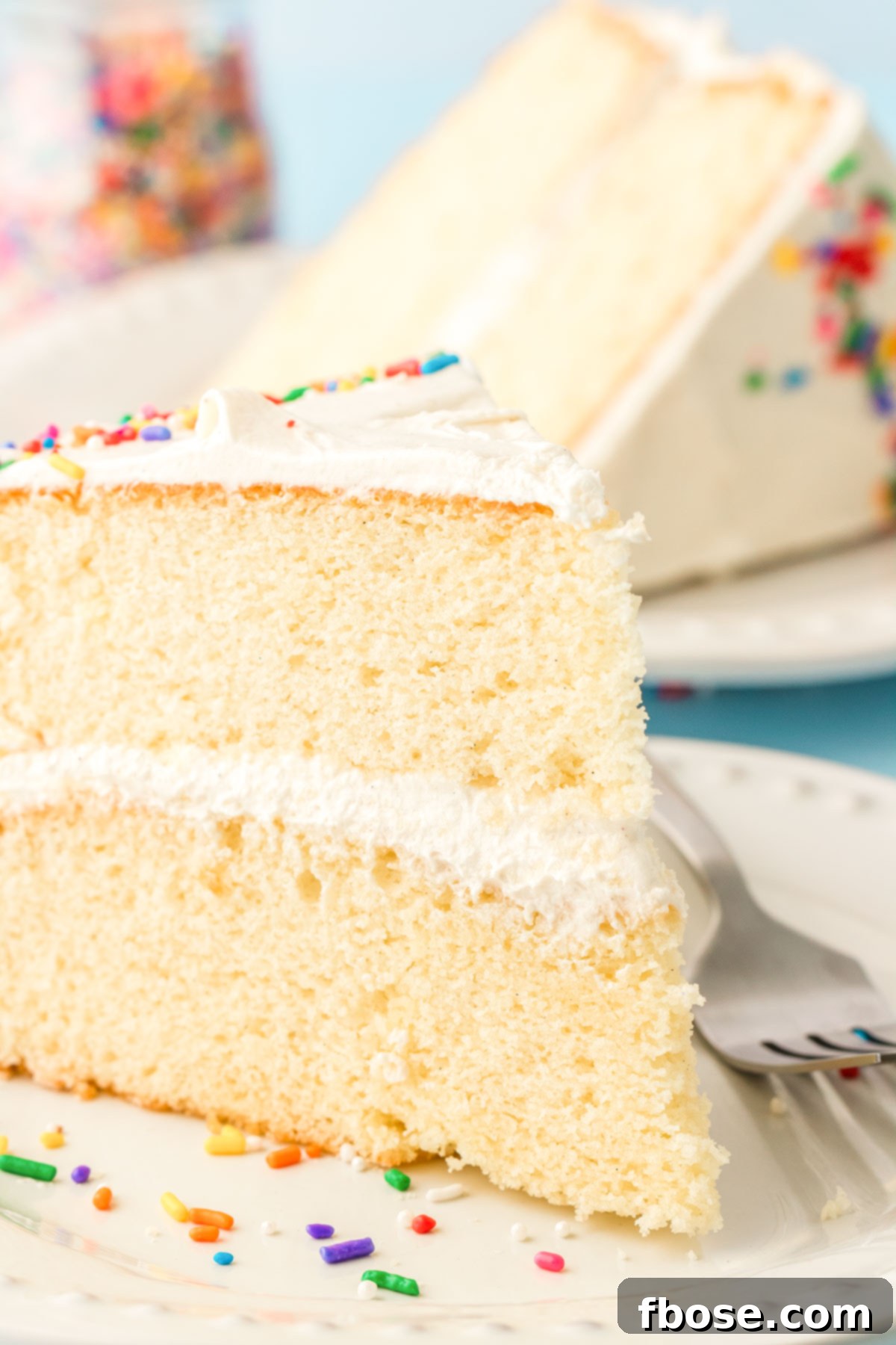 A close-up shot of a single piece of moist vanilla cake resting on a white plate, revealing its delicate texture and rich vanilla flavor.