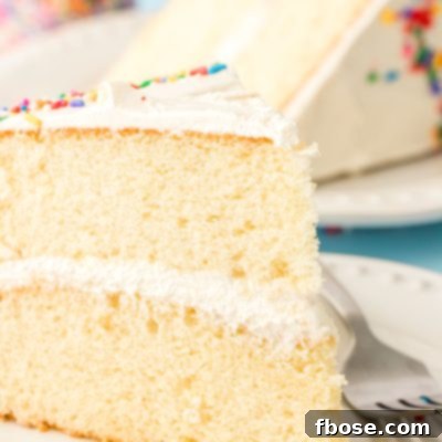 Close up of a piece of vanilla cake on a white plate.