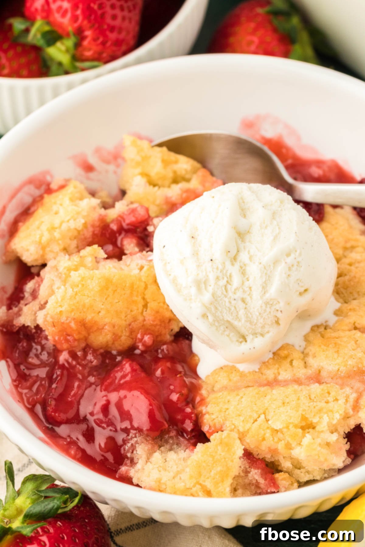 Classic Strawberry Cobbler 17 A charming bowl of strawberry cobbler, highlighting its rustic appeal and delicious golden crust.