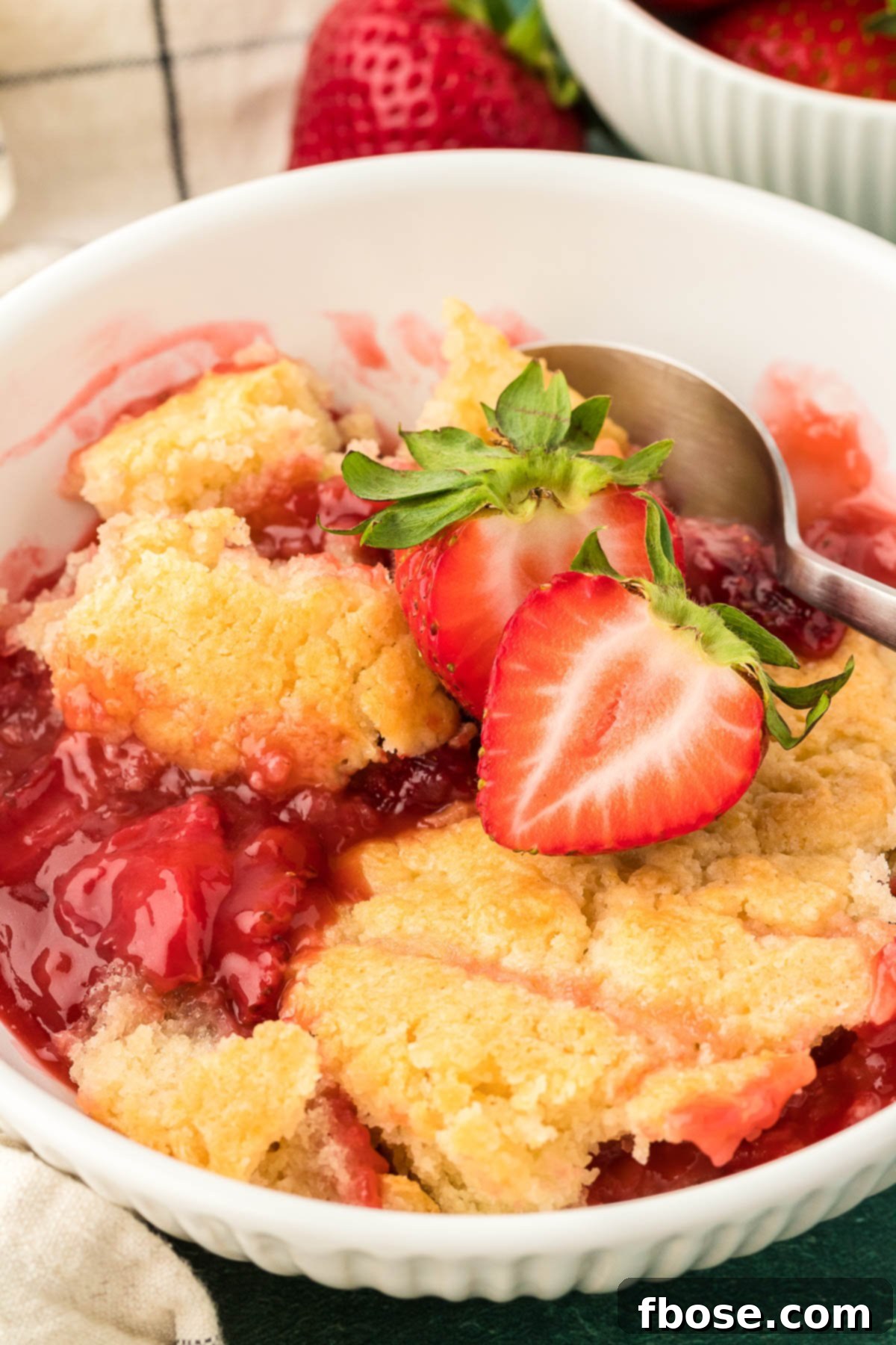 Classic Strawberry Cobbler 3 A beautifully baked bowl of strawberry cobbler, showcasing its golden topping and rich fruit filling.