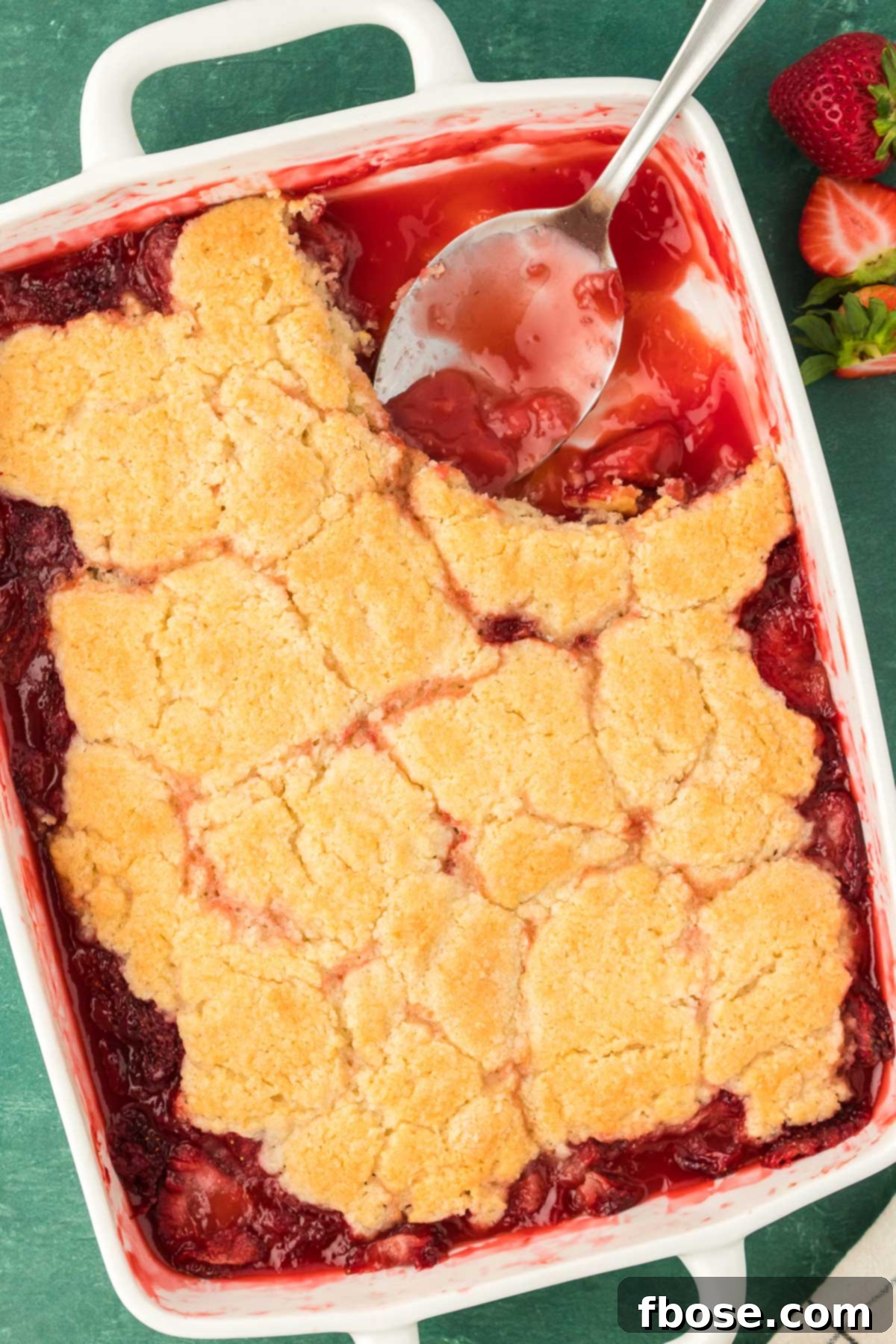 Classic Strawberry Cobbler 5 An inviting overhead photo of a freshly baked strawberry cobbler with a serving spoon nestled within, ready to be enjoyed.