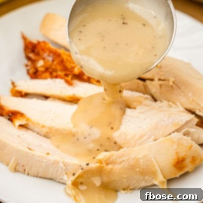 A ladle pouring gravy over turkey breast on a plate.