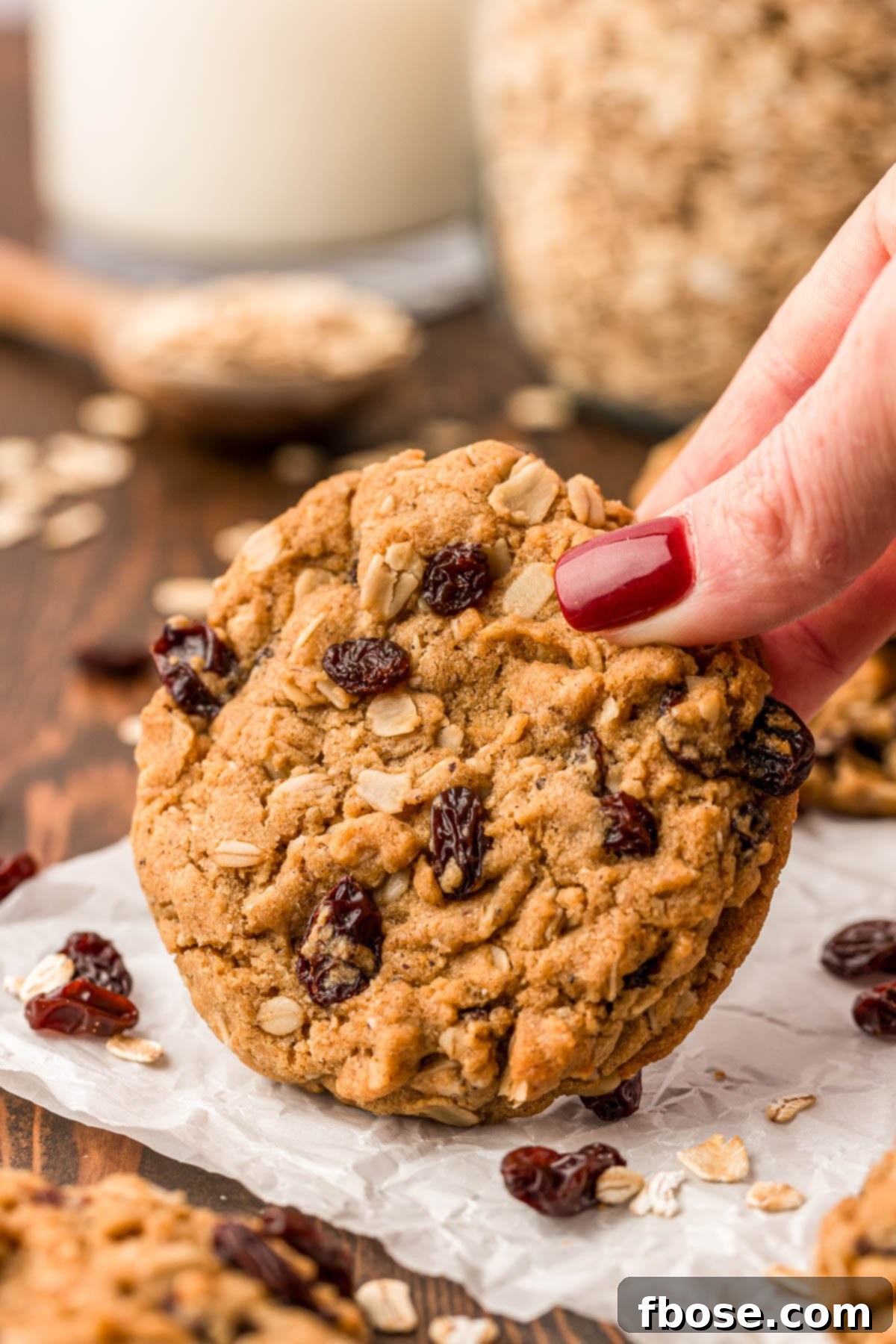 A woman's hand gently holding a freshly baked oatmeal raisin cookie, showcasing its soft texture and golden-brown edges.