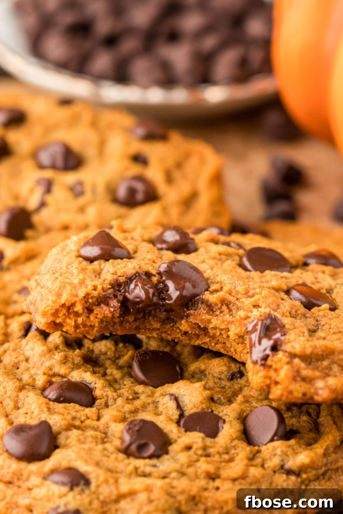 Velvety Pumpkin Chocolate Chip Delights 3 Pumpkin chocolate chip cookies arranged beautifully on a table, one with a delightful bite missing.