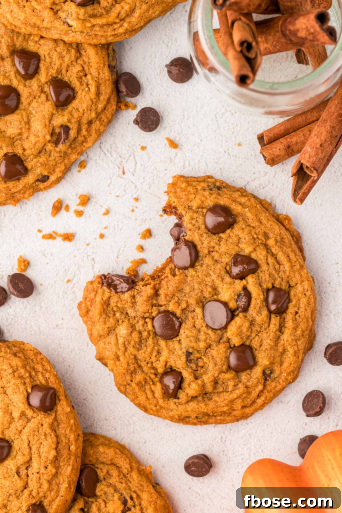 Velvety Pumpkin Chocolate Chip Delights 5 A plate of pumpkin chocolate chip cookies on a countertop, with one cookie showing a bite mark.