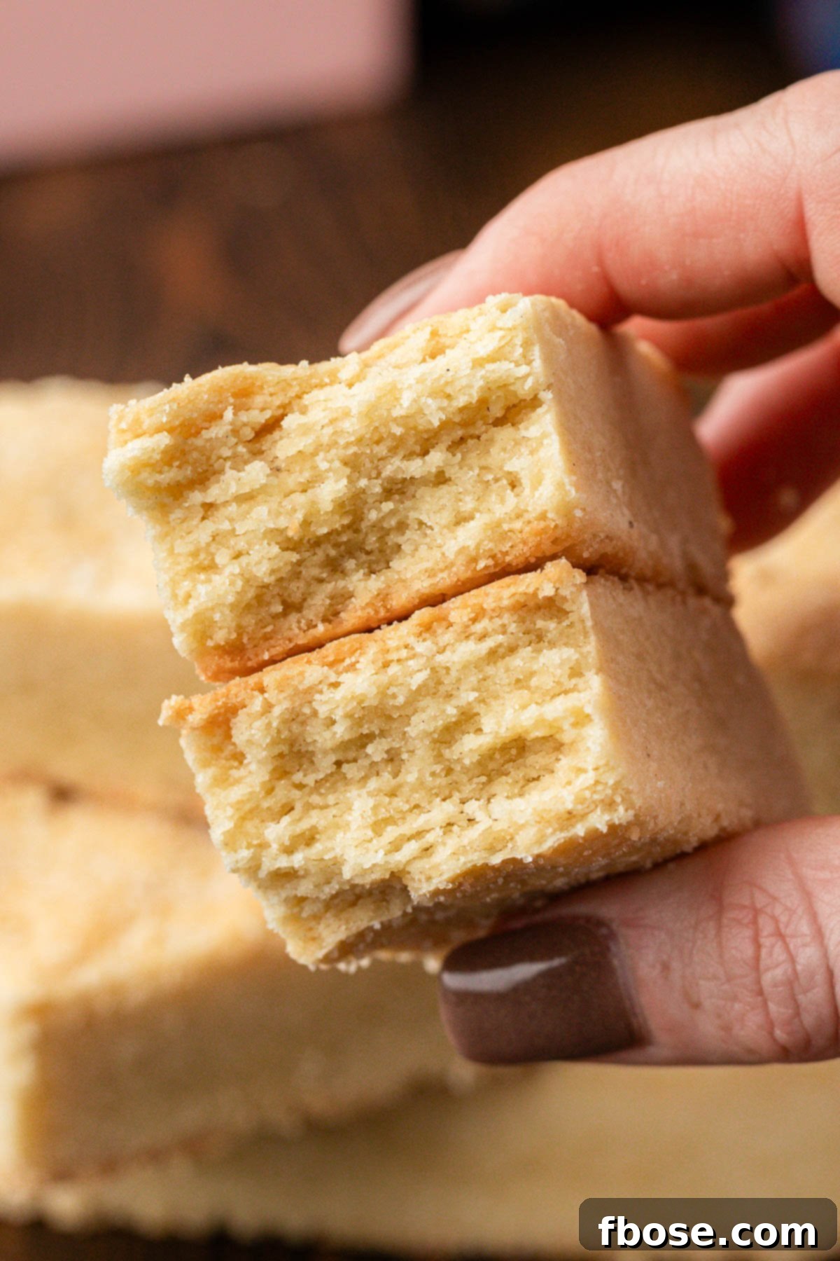 A woman's hand holding shortbread biscuits to the camera that have been broken in half to show texture.