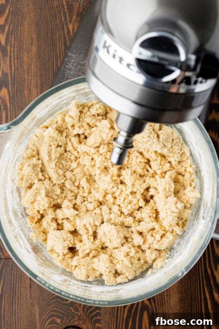Overhead photo of a mixing bowl filled with crumbly shortbread dough.