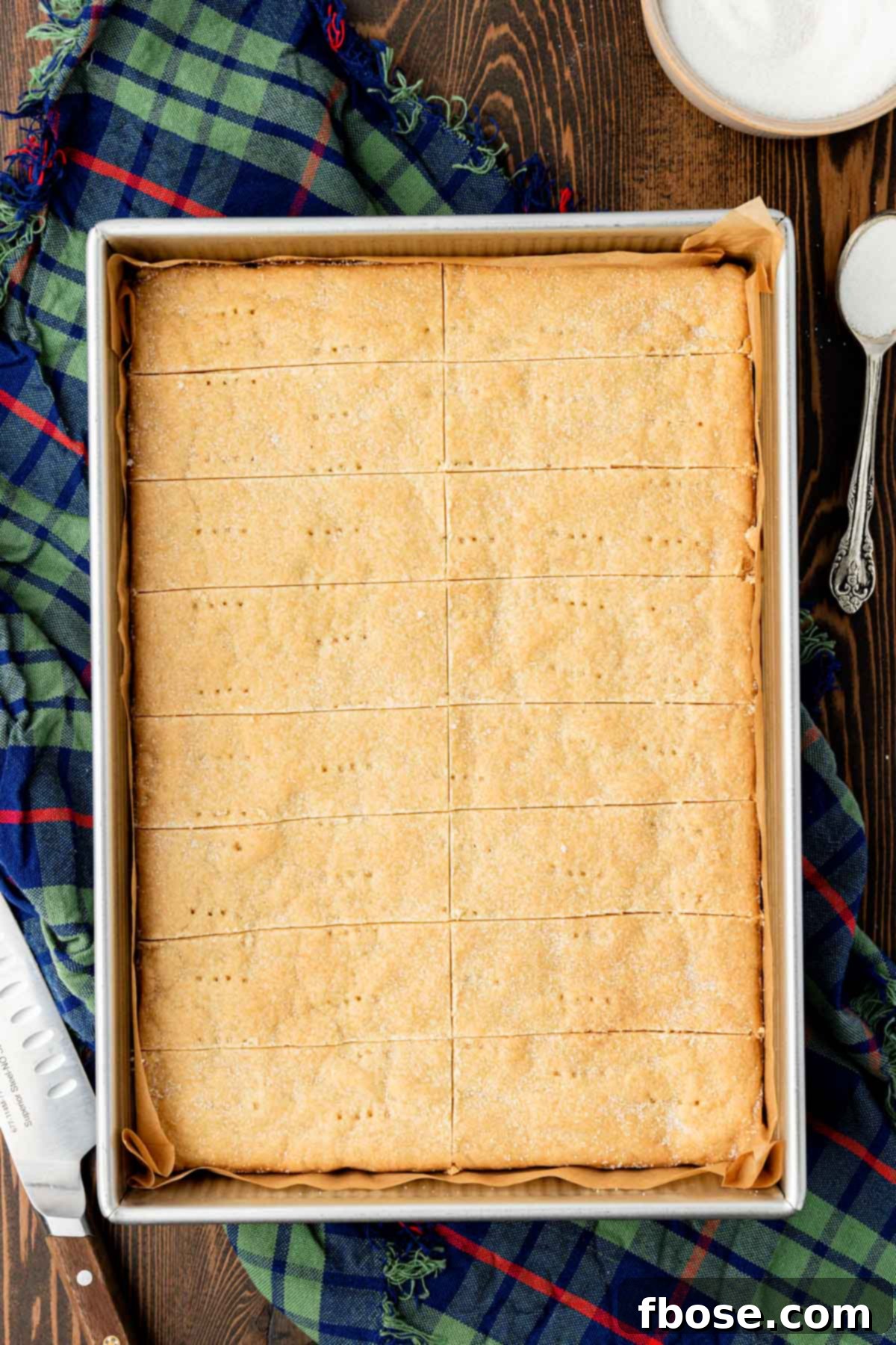 Overhead photo of a 9x13-inch pan of shortbread biscuits.