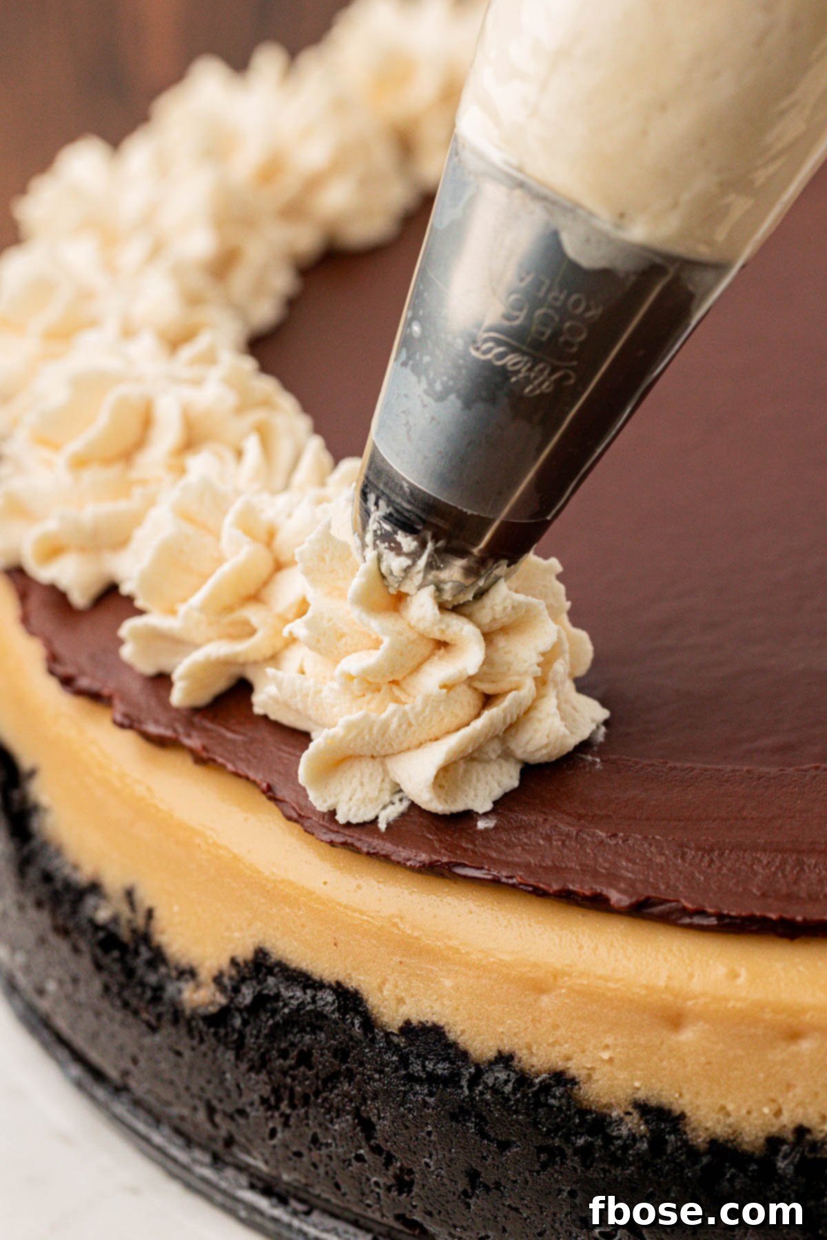 Gourmet Coffee Cheesecake 9 Whipped cream being piped on the edge of cheesecake.