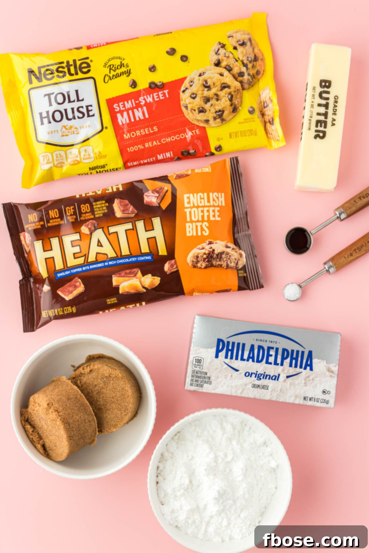 Overhead photo of ingredients to make Cookie Dough Dip on a pink surface.