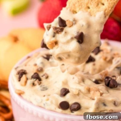 Close up of a graham cracker scooping into a bowl of chocolate chip cookie dough dip.