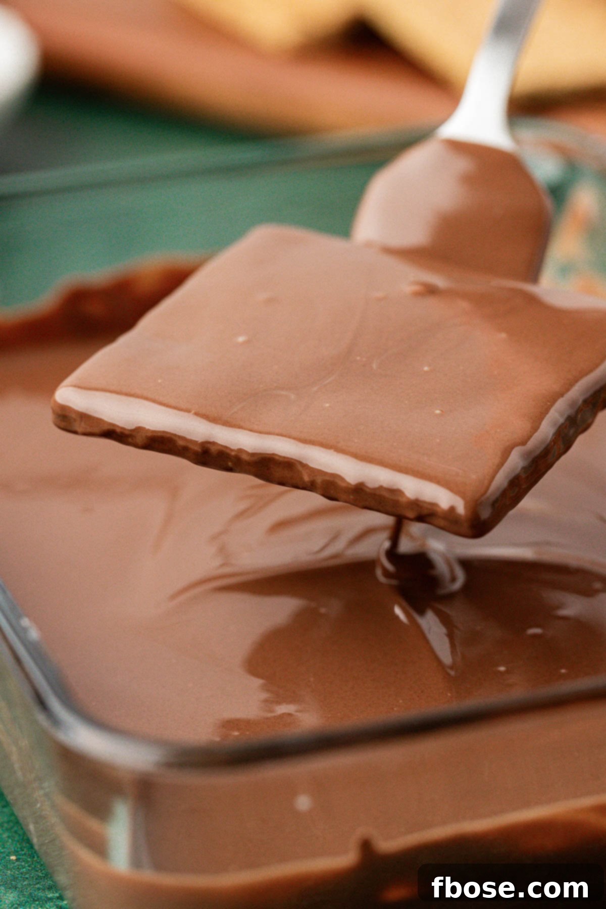 Chocolate Graham Delights 5 A graham cracker being lifted out of a dish of melted chocolate.