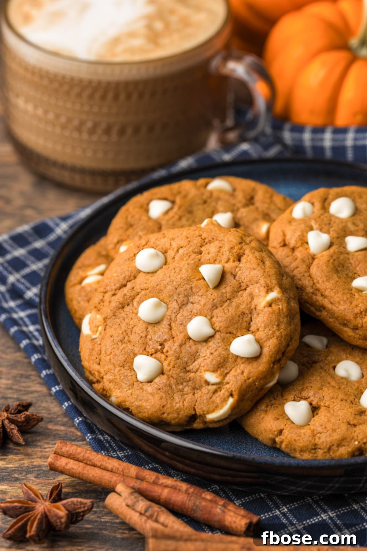 A plate of perfectly baked pumpkin white chocolate chip cookies, stacked invitingly.