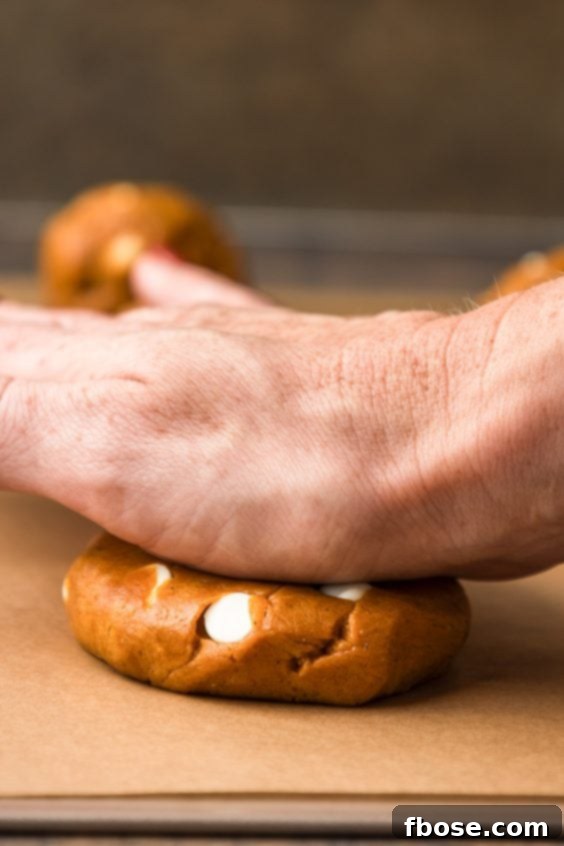 A woman's hand pressing cookie dough down on a baking sheet with her palm.