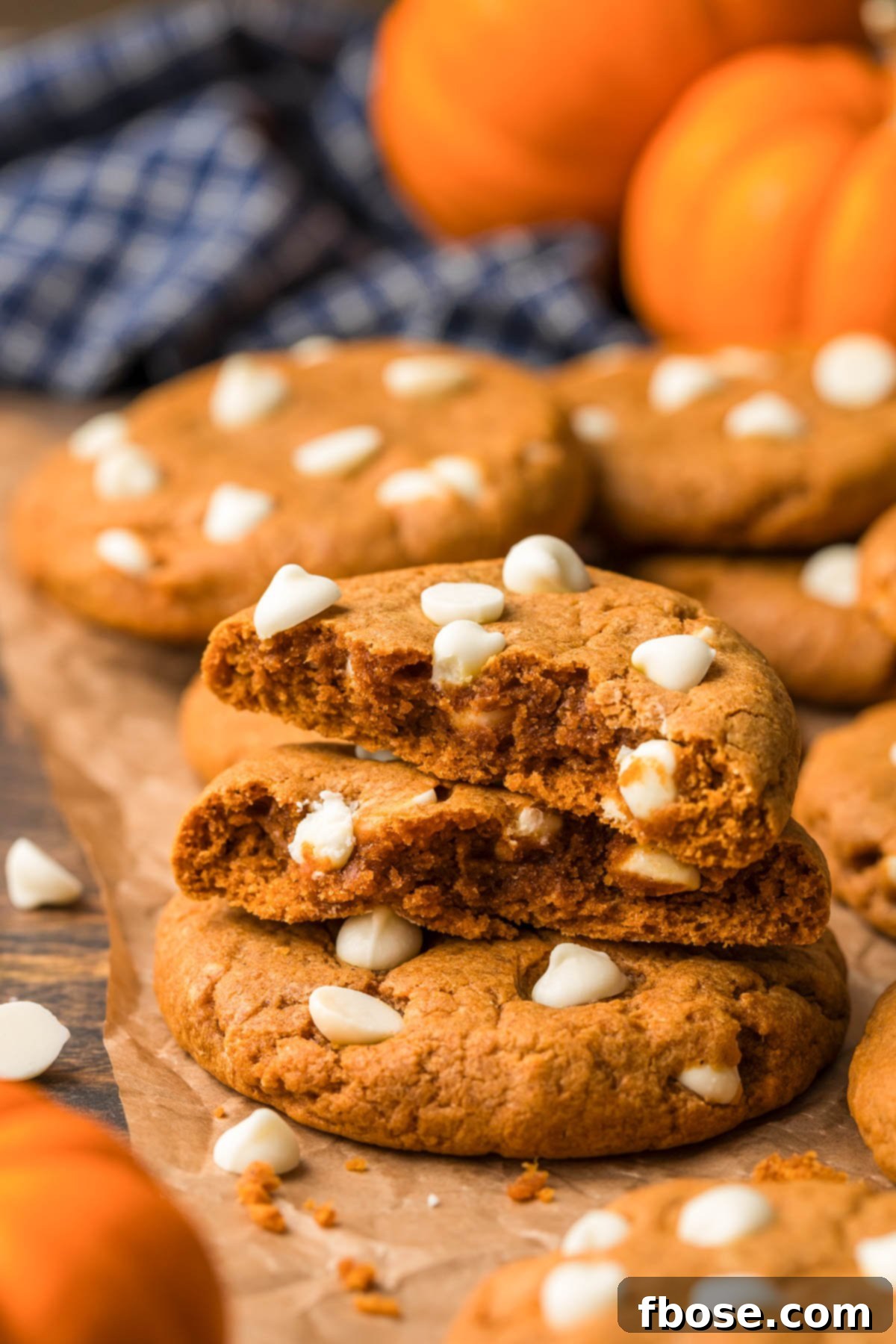 Pumpkin white chocolate cookies on a piece of parchment paper, with some cookies broken in half to show the soft interior.