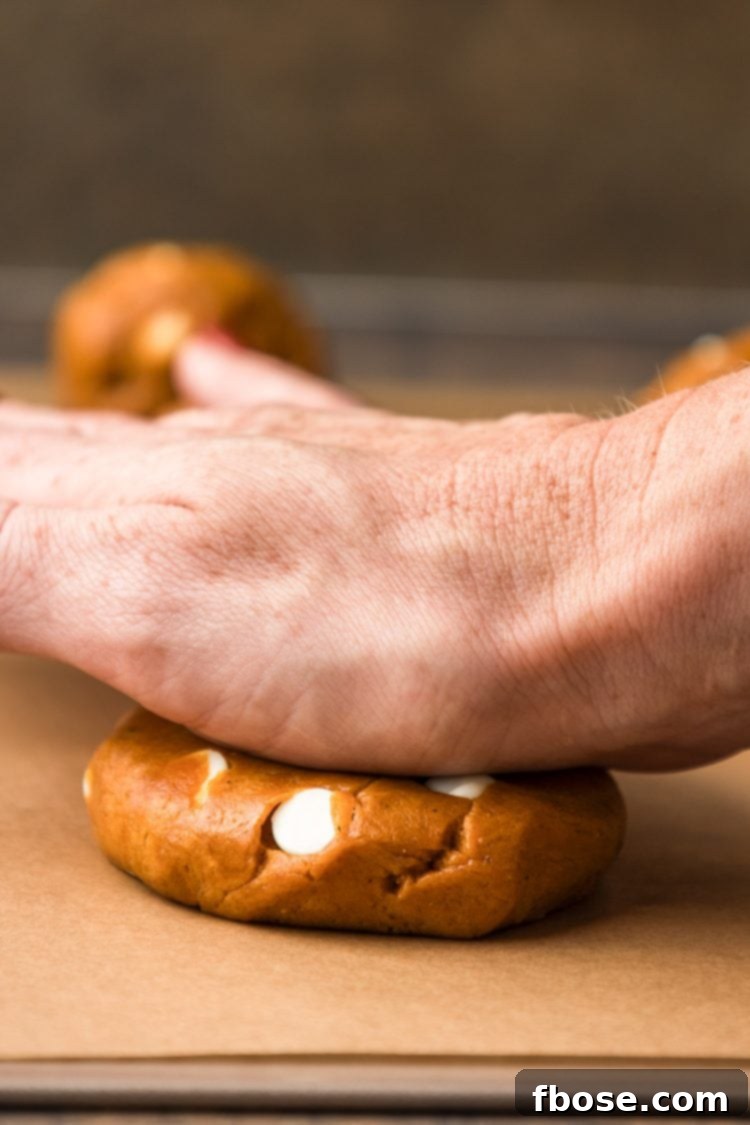 A woman's hand gently pressing cookie dough down on a baking sheet to flatten it.
