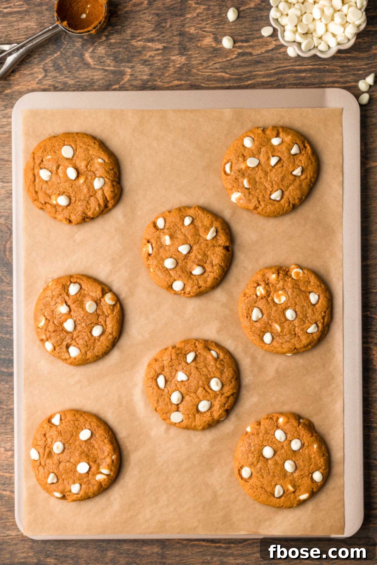 Overhead photo of perfectly round pumpkin white chocolate chip cookies cooling on a parchment lined baking sheet.