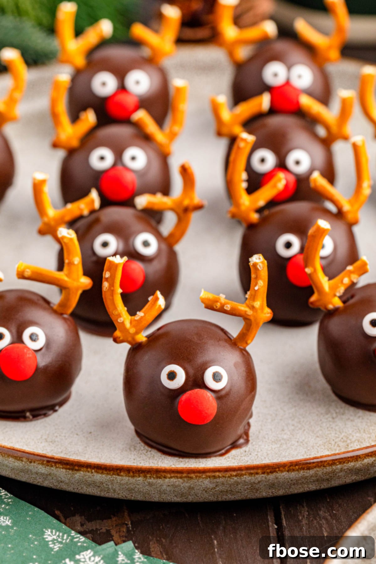 Close up of Reindeer Truffles on a plate, highlighting their detailed and charming decorations.