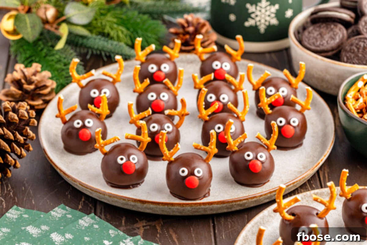 Reindeer Oreo Balls arranged neatly on a festive plate, ready to be served.