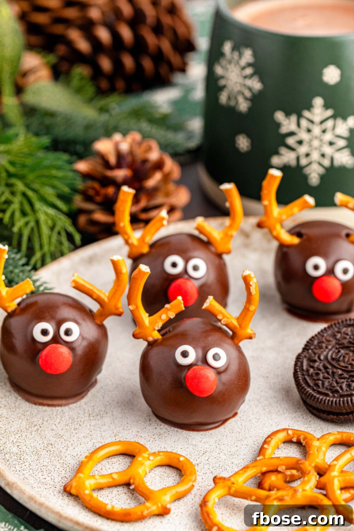 Reindeer Oreo Balls beautifully arranged on a white plate, ready for a festive gathering.