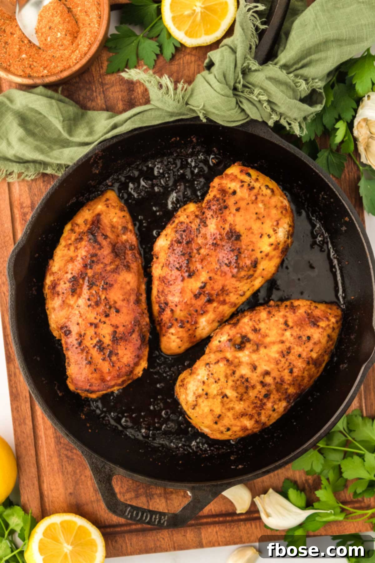 Overhead photo of three golden-brown, juicy chicken 101 chicken breasts resting in a cast iron skillet, ready to serve.