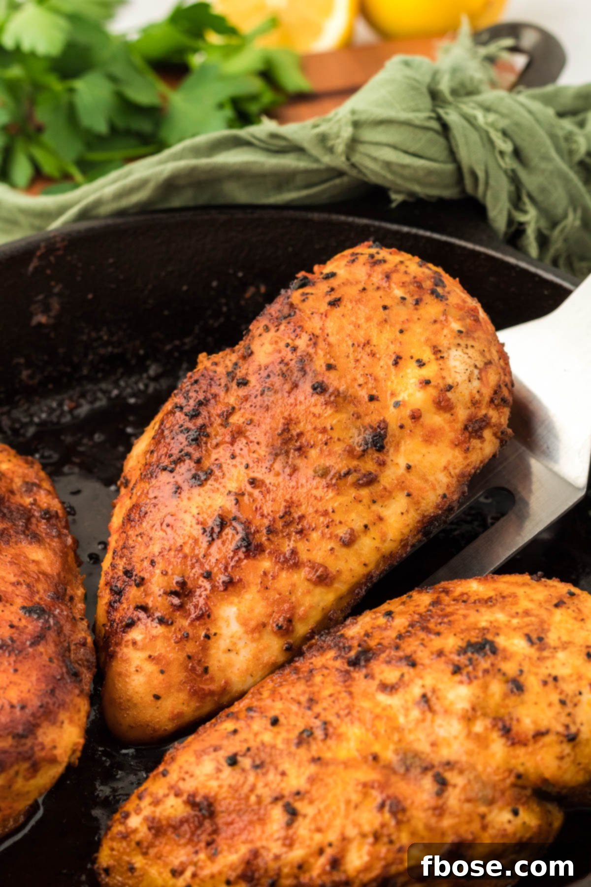A spatula lifting a juicy chicken breast out of a cast iron skillet, showcasing its perfect sear and tender texture.