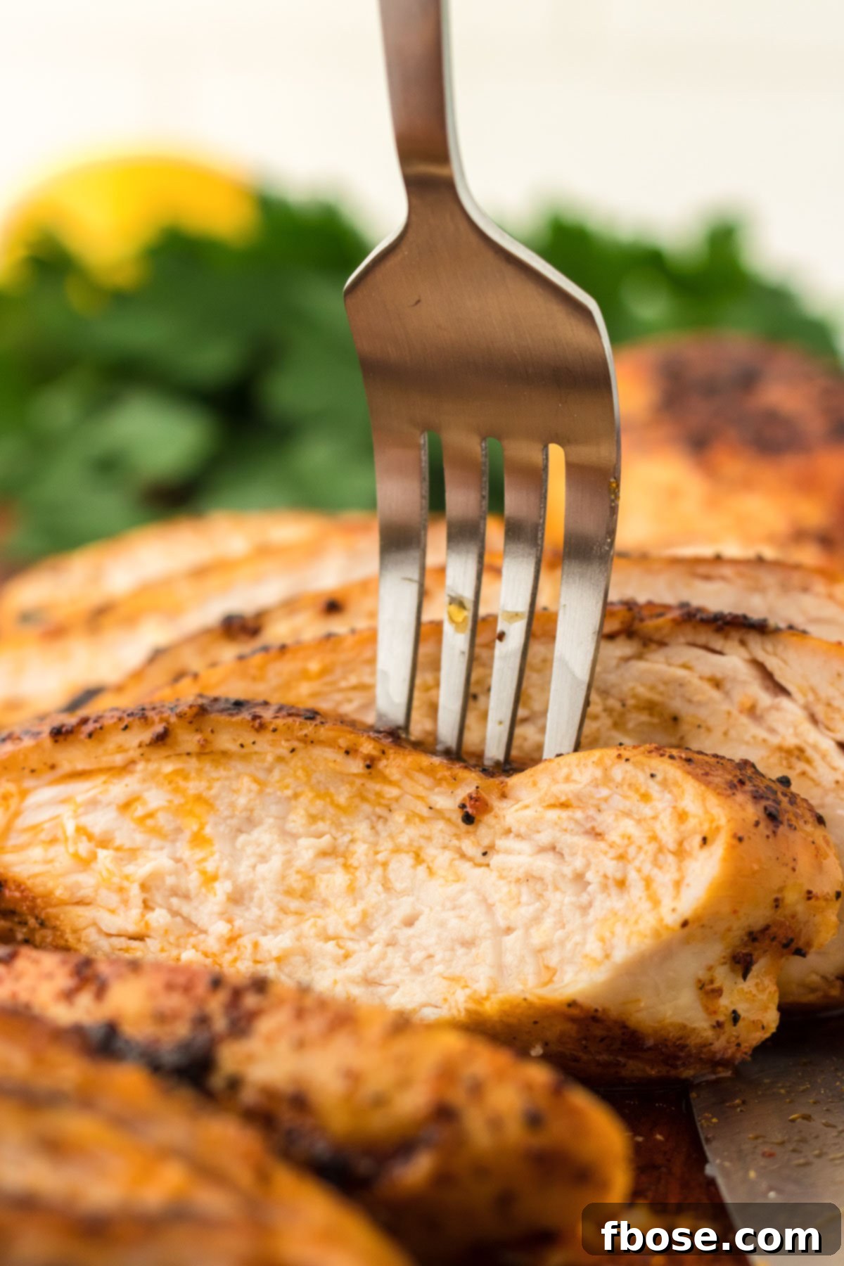 A fork sticking into a piece of perfectly sliced juicy chicken breast on a cutting board, ready to be enjoyed.
