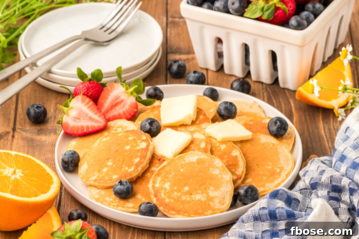 Fluffy Coin Pancakes 6 A pristine white plate laden with a generous serving of perfectly round silver dollar pancakes.